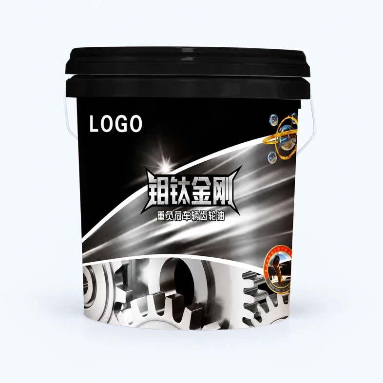 Decorated pail with black lid and metal handle