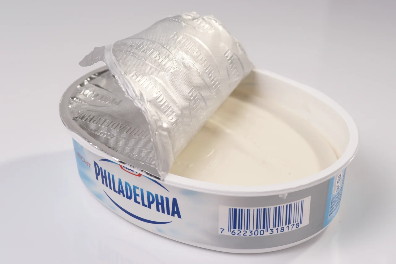 Real Philadelphia food tub with a wide rim, printed body and partially lifted inner seal