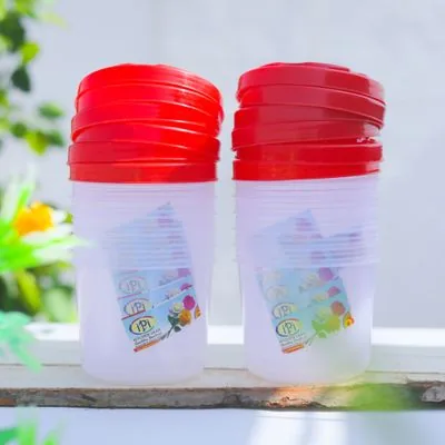 Nested clear cylindrical containers with separate red lids